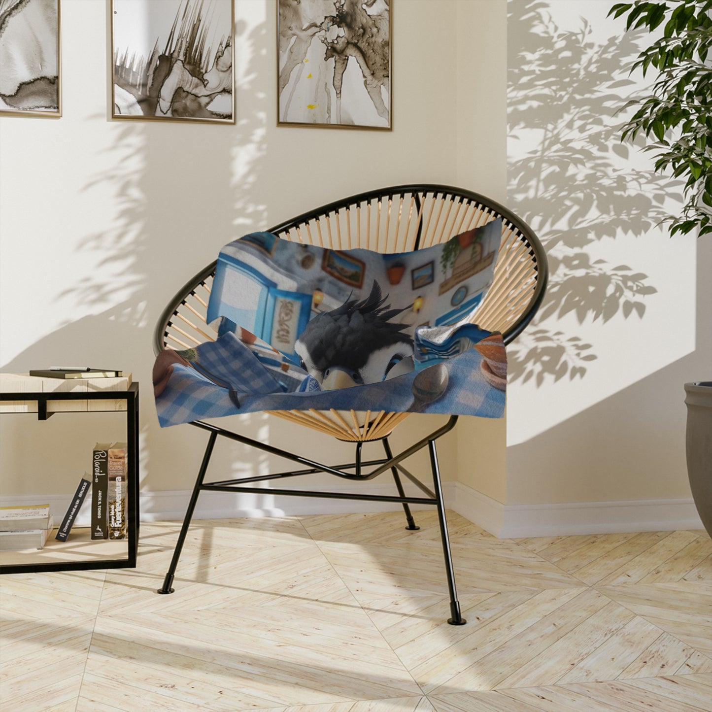 Bird Having Coffee in Greece Velveteen Minky Blanket