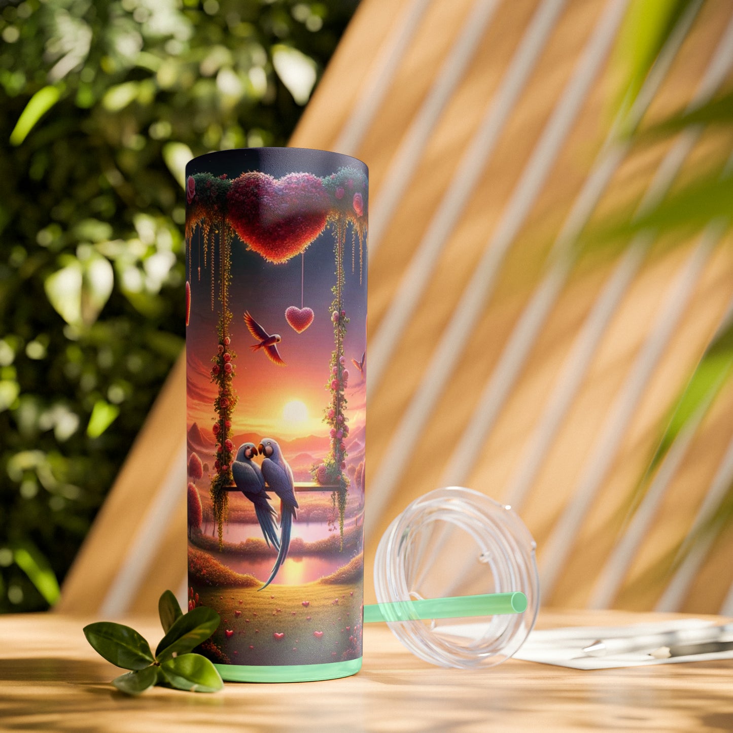 Valentine's Day Parrots Skinny Tumbler with Straw, 20oz