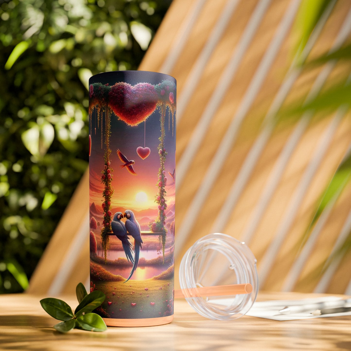 Valentine's Day Parrots Skinny Tumbler with Straw, 20oz
