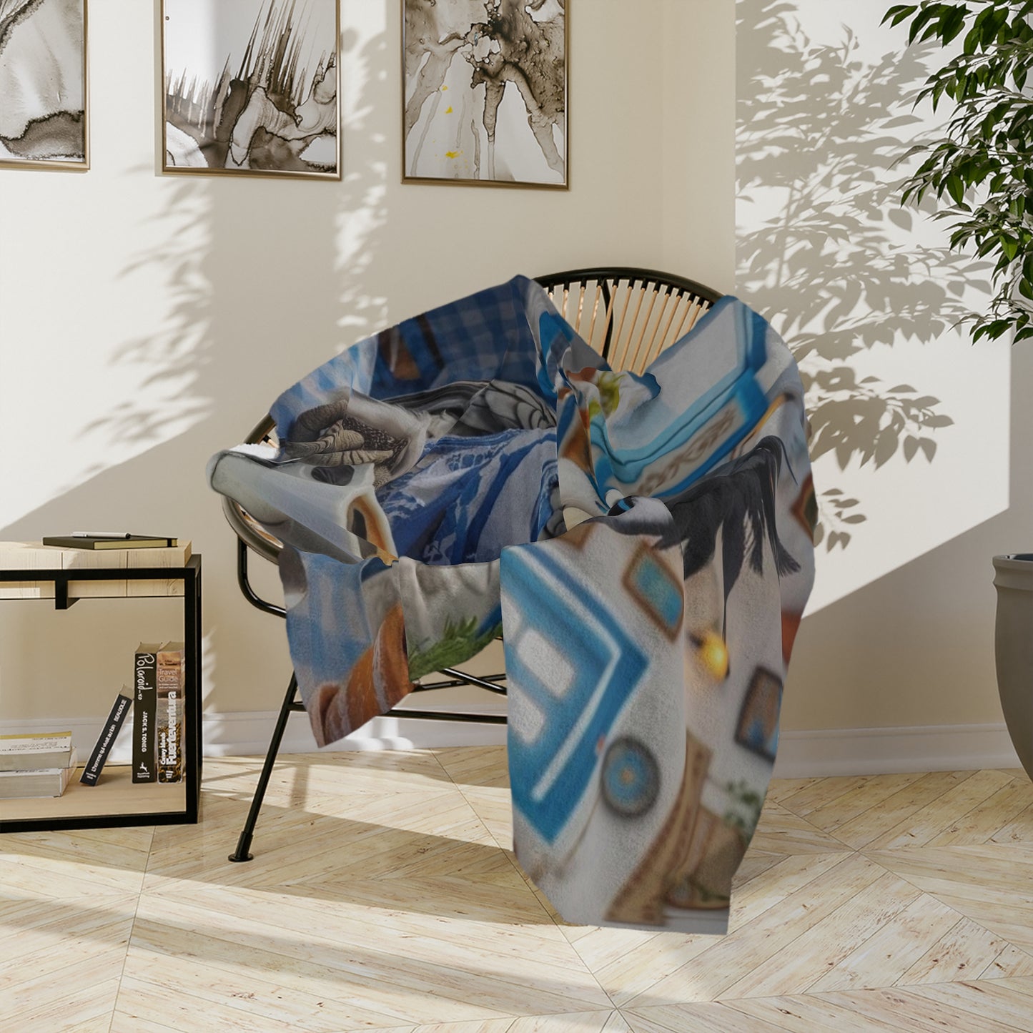 Bird Having Coffee in Greece Velveteen Minky Blanket