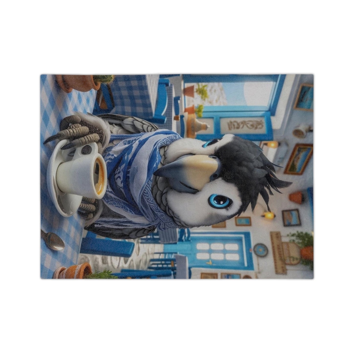Bird Having Coffee in Greece Velveteen Minky Blanket