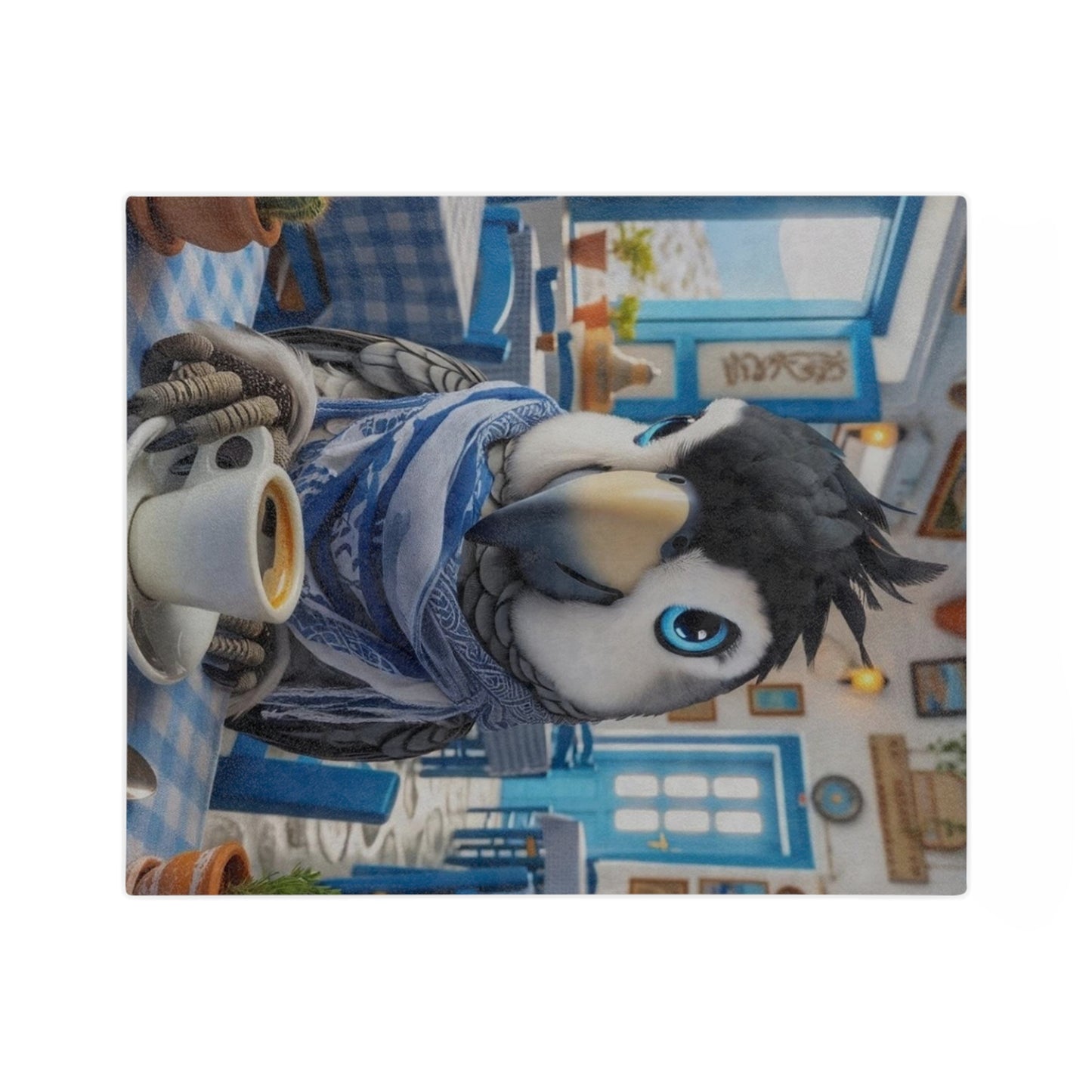 Bird Having Coffee in Greece Velveteen Minky Blanket