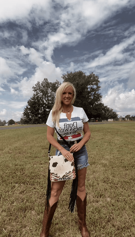 Aztec Fringe Cowhide Crossbody - The Aegean Aviary