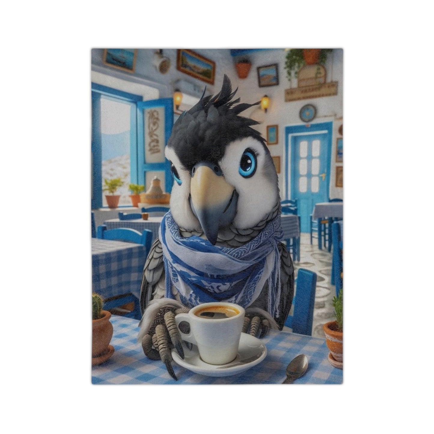 Bird Having Coffee in Greece Velveteen Minky Blanket