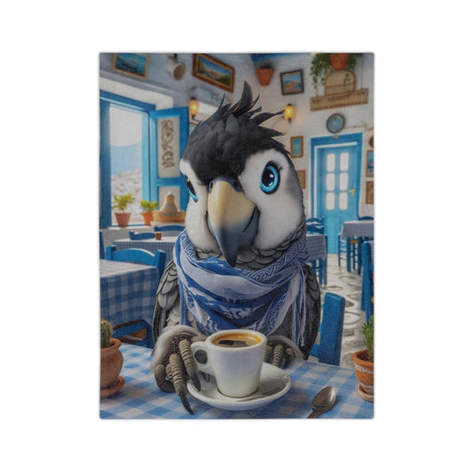 Bird Having Coffee in Greece Velveteen Minky Blanket