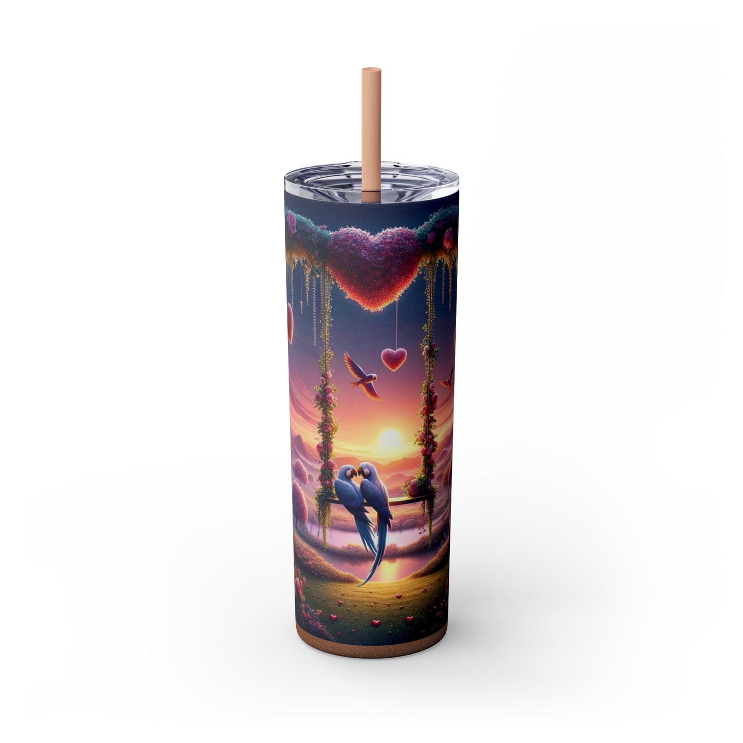 Valentine's Day Parrots Skinny Tumbler with Straw, 20oz