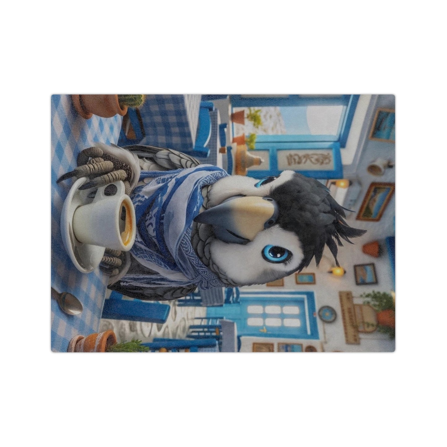 Bird Having Coffee in Greece Velveteen Minky Blanket