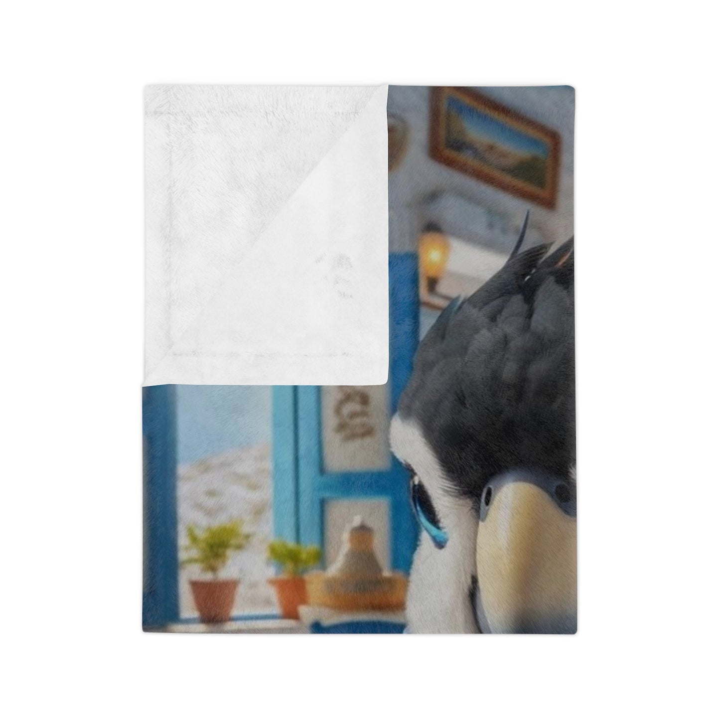 Bird Having Coffee in Greece Velveteen Minky Blanket