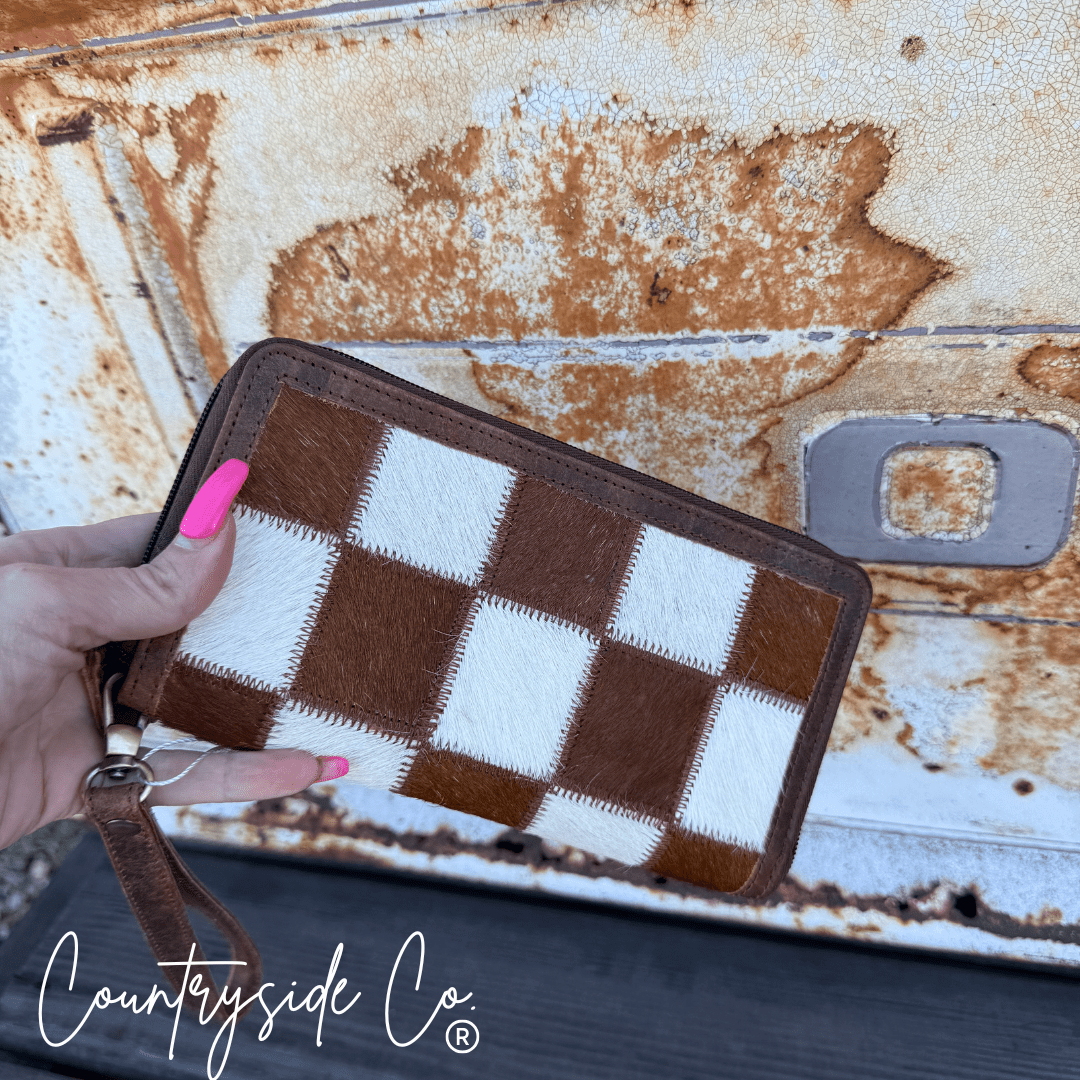 Checkered Cowhide Womens Wallet Wristlet Trendy - The Aegean Aviary