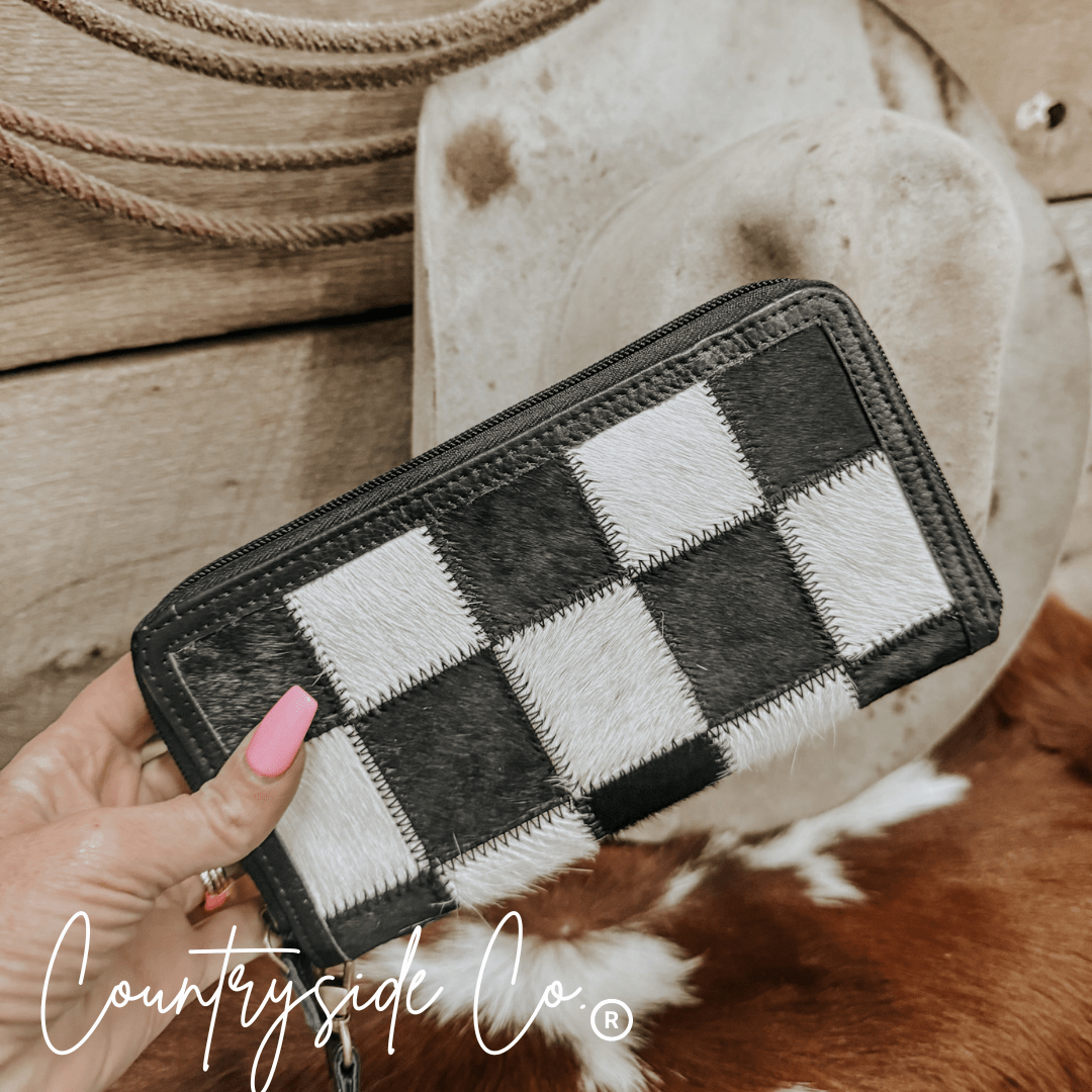Checkered Cowhide Womens Wallet Wristlet Trendy - The Aegean Aviary