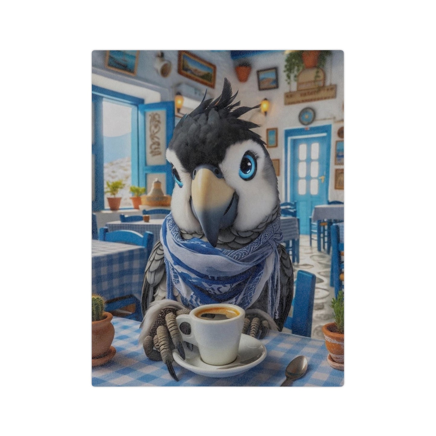 Bird Having Coffee in Greece Velveteen Minky Blanket