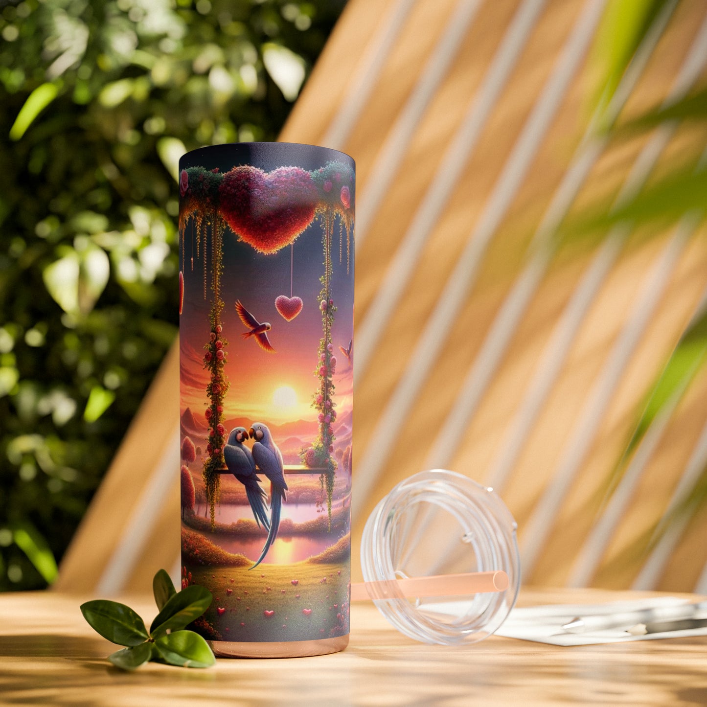 Valentine's Day Parrots Skinny Tumbler with Straw, 20oz