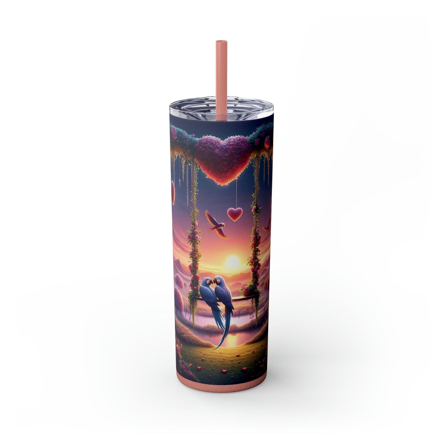 Valentine's Day Parrots Skinny Tumbler with Straw, 20oz