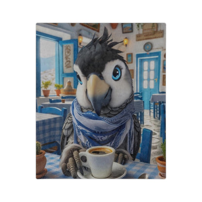 Bird Having Coffee in Greece Velveteen Minky Blanket