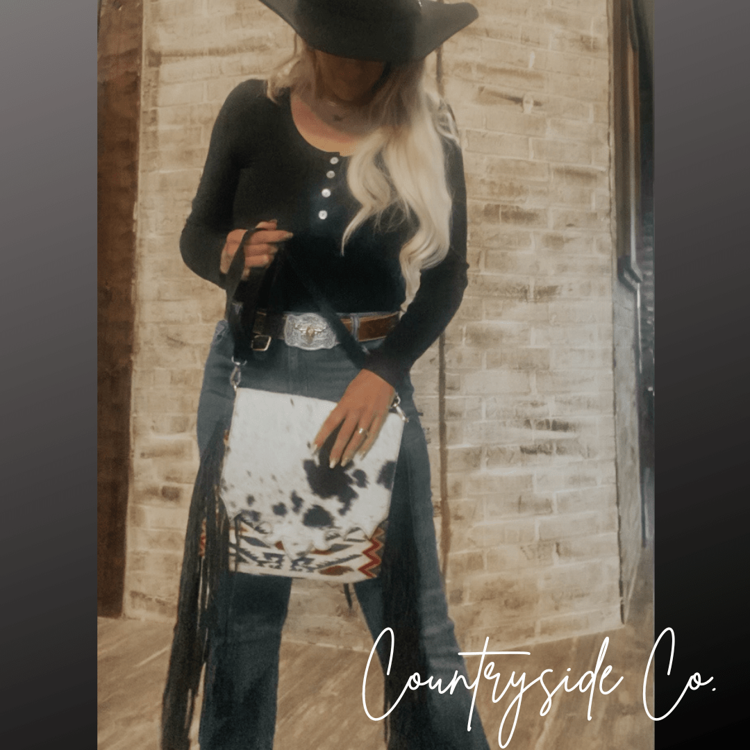 Aztec Fringe Cowhide Crossbody - The Aegean Aviary