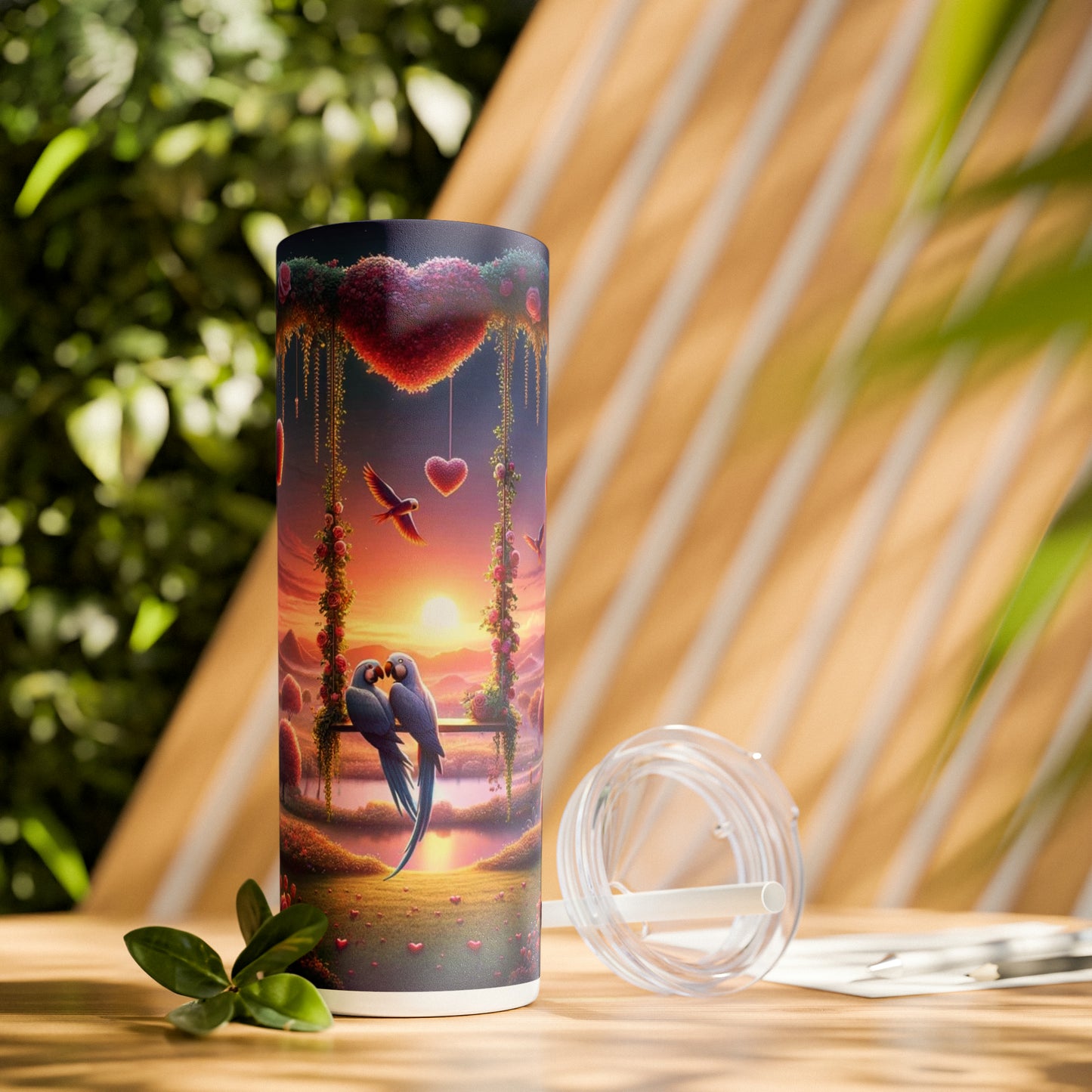 Valentine's Day Parrots Skinny Tumbler with Straw, 20oz