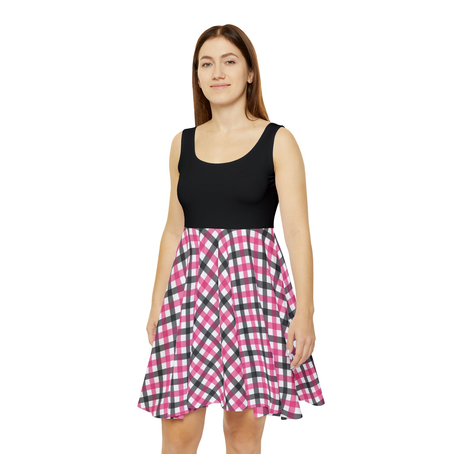 White, Pink and Black Plaid Skater Dress