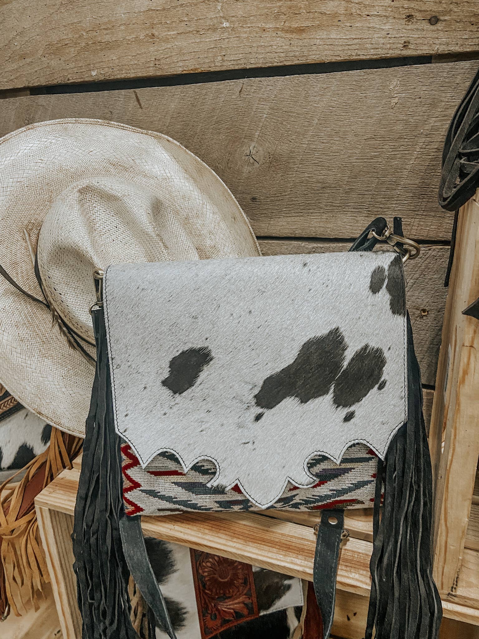 Aztec Fringe Cowhide Crossbody - The Aegean Aviary