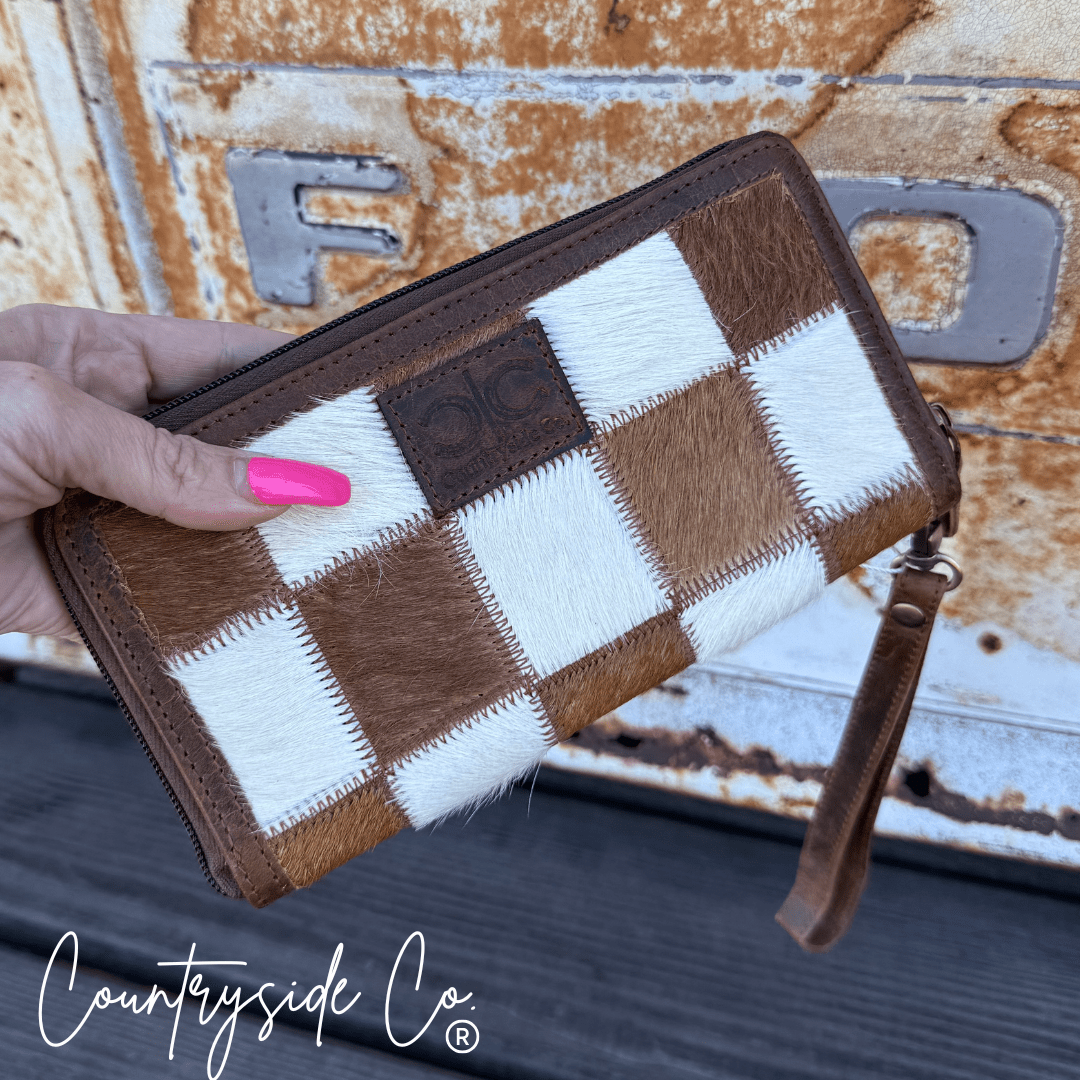 Checkered Cowhide Womens Wallet Wristlet Trendy - The Aegean Aviary