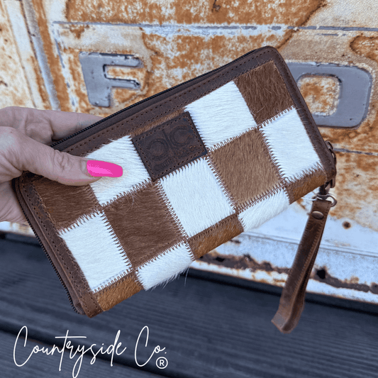 Checkered Cowhide Womens Wallet Wristlet Trendy - The Aegean Aviary