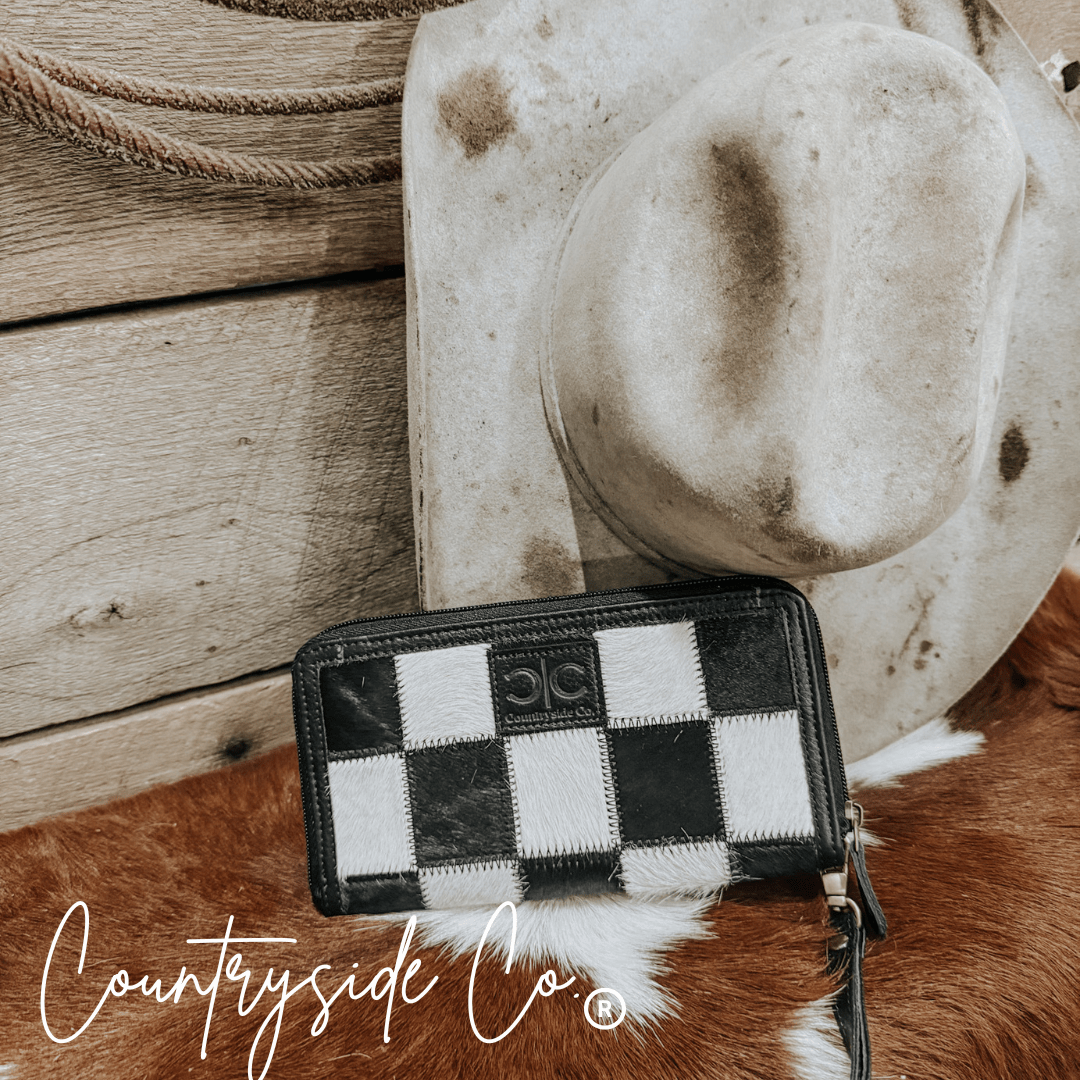 Checkered Cowhide Womens Wallet Wristlet Trendy - The Aegean Aviary