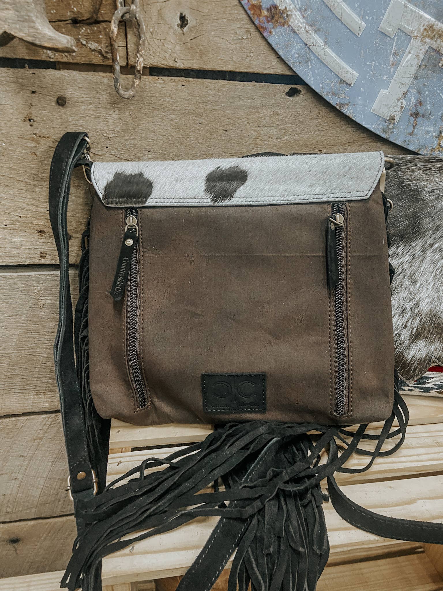 Aztec Fringe Cowhide Crossbody - The Aegean Aviary