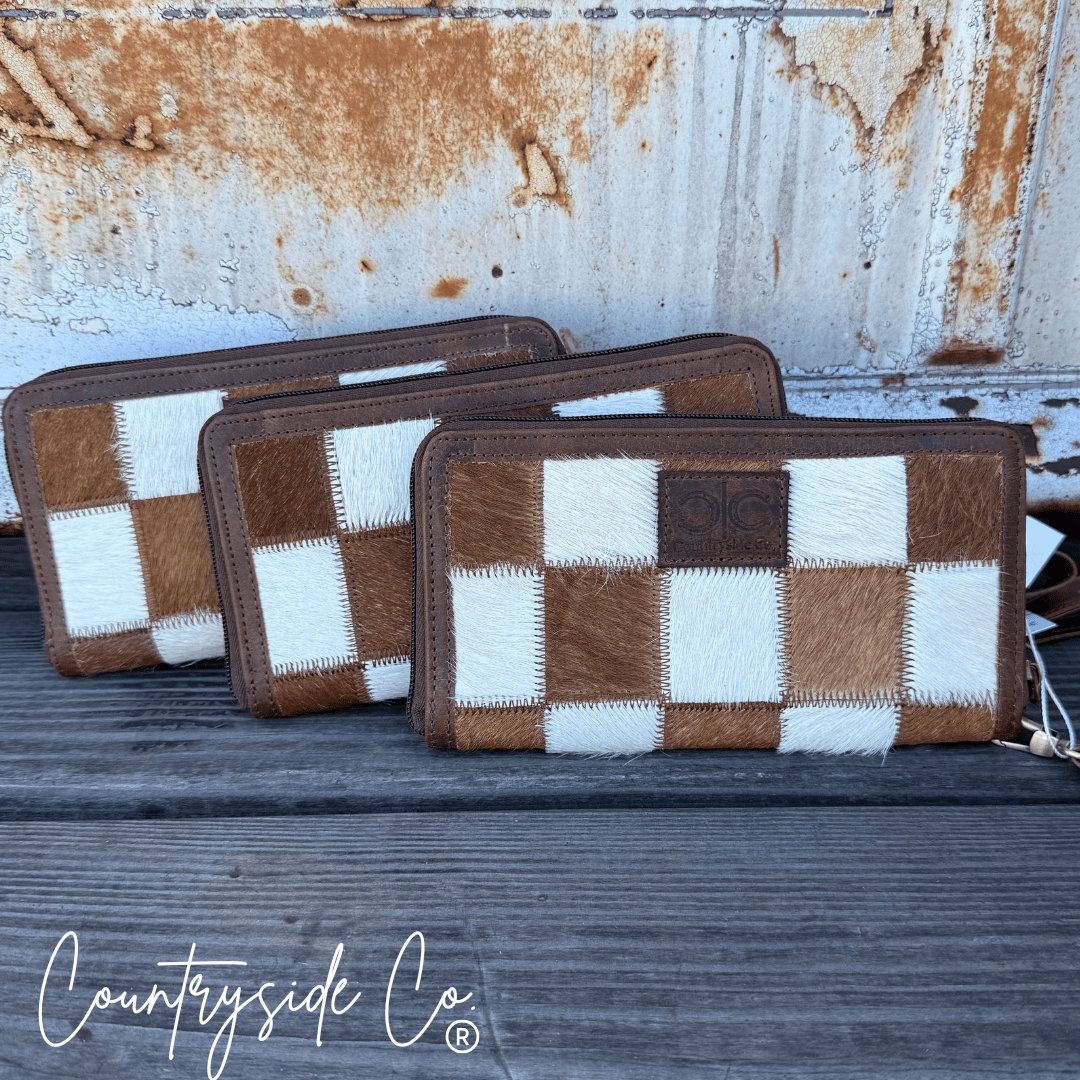 Checkered Cowhide Womens Wallet Wristlet Trendy - The Aegean Aviary