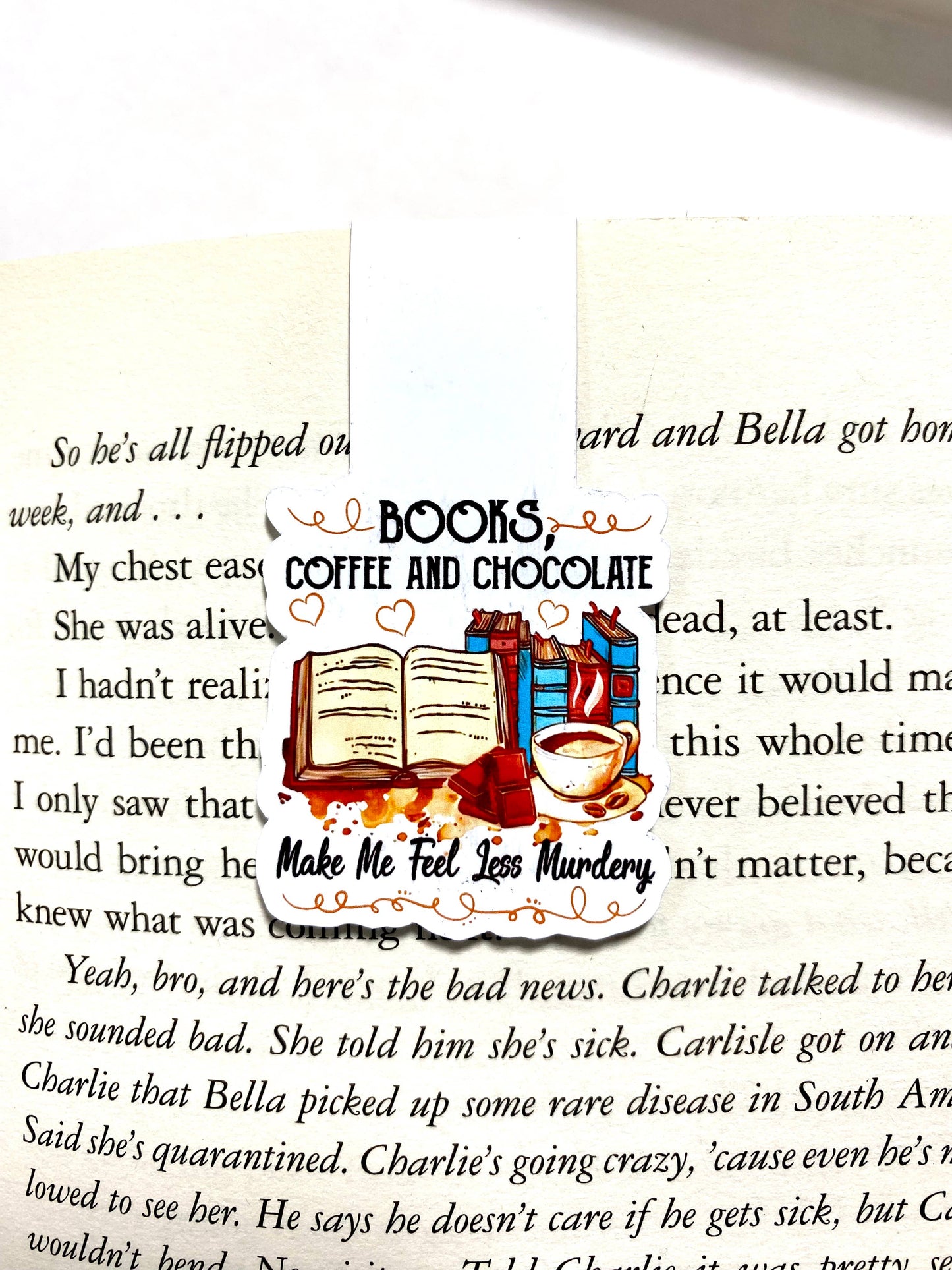 Books, coffee, chocolate, magnetic bookmark, gift for reader